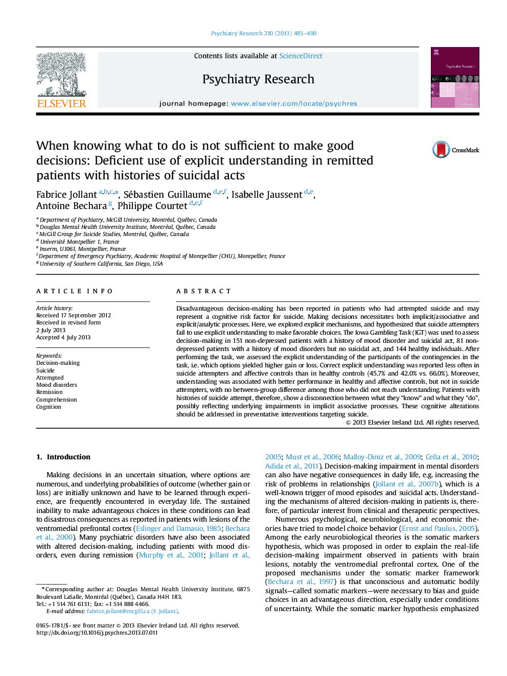 When knowing what to do is not sufficient to make good decisions: Deficient use of explicit understanding in remitted patients with histories of suicidal acts