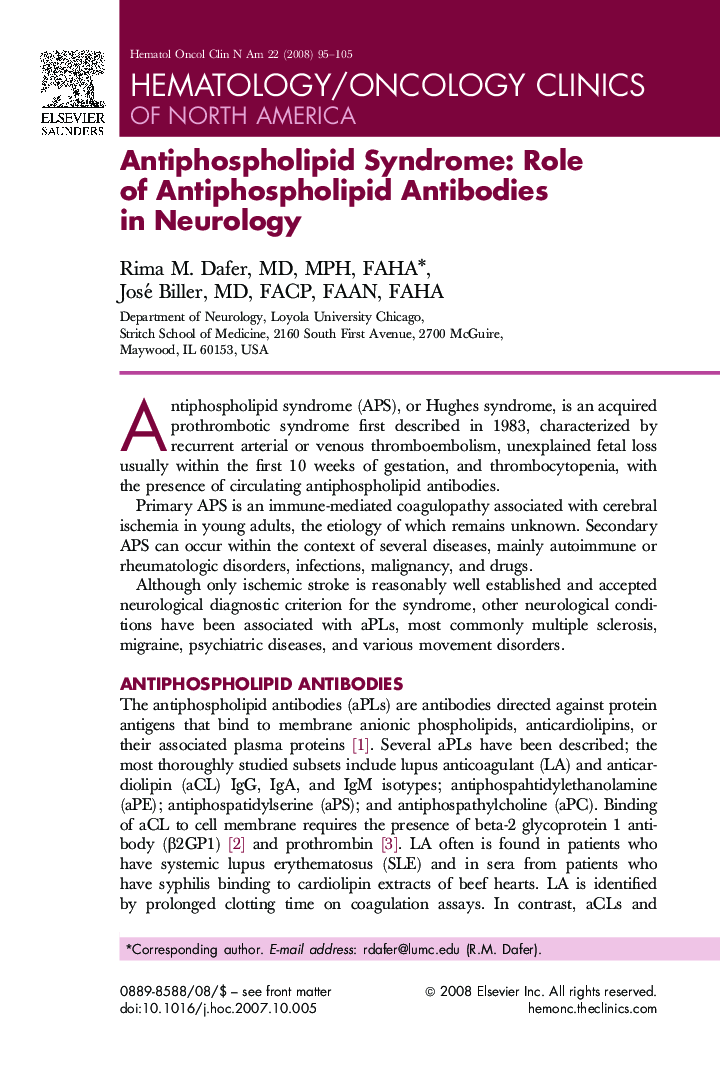 Antiphospholipid Syndrome: Role of Antiphospholipid Antibodies in Neurology