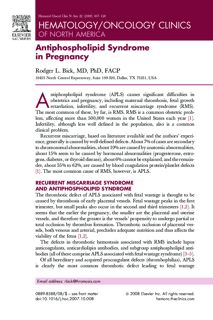 Antiphospholipid Syndrome in Pregnancy