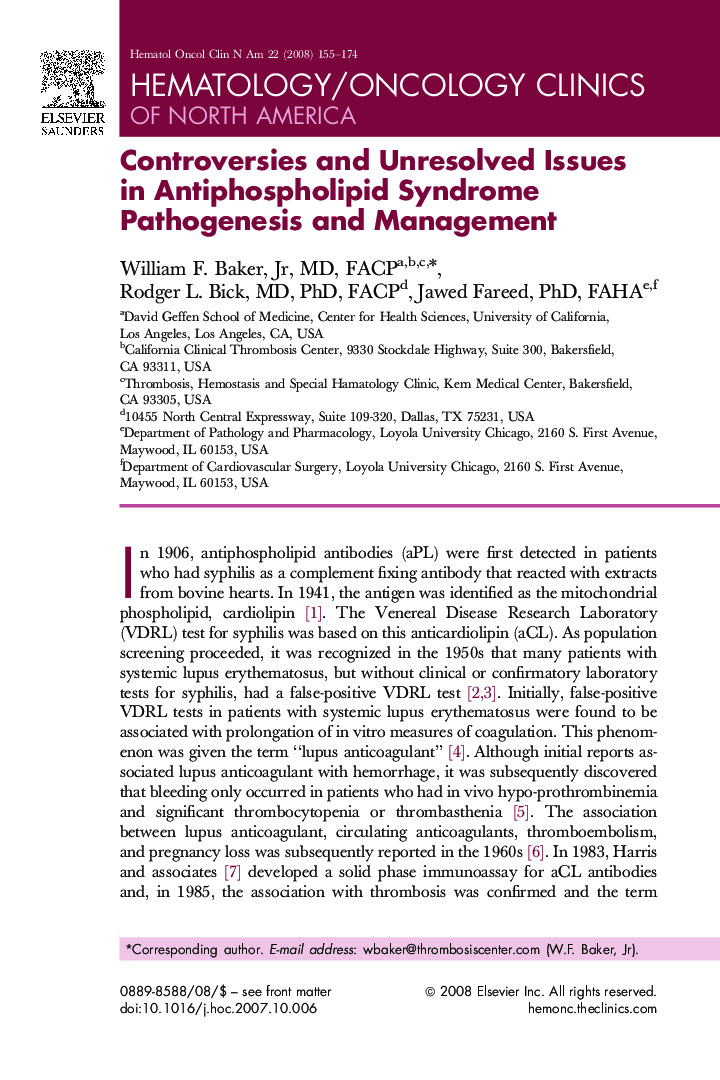 Controversies and Unresolved Issues in Antiphospholipid Syndrome Pathogenesis and Management