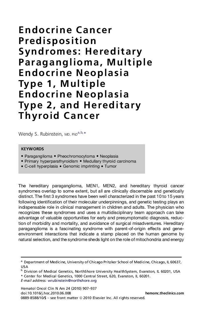 Endocrine Cancer Predisposition Syndromes: Hereditary Paraganglioma, Multiple Endocrine Neoplasia Type 1, Multiple Endocrine Neoplasia Type 2, and Hereditary Thyroid Cancer