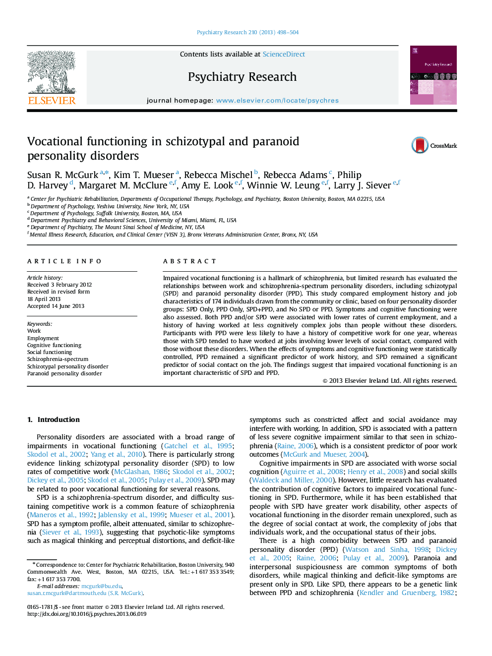 Vocational functioning in schizotypal and paranoid personality disorders