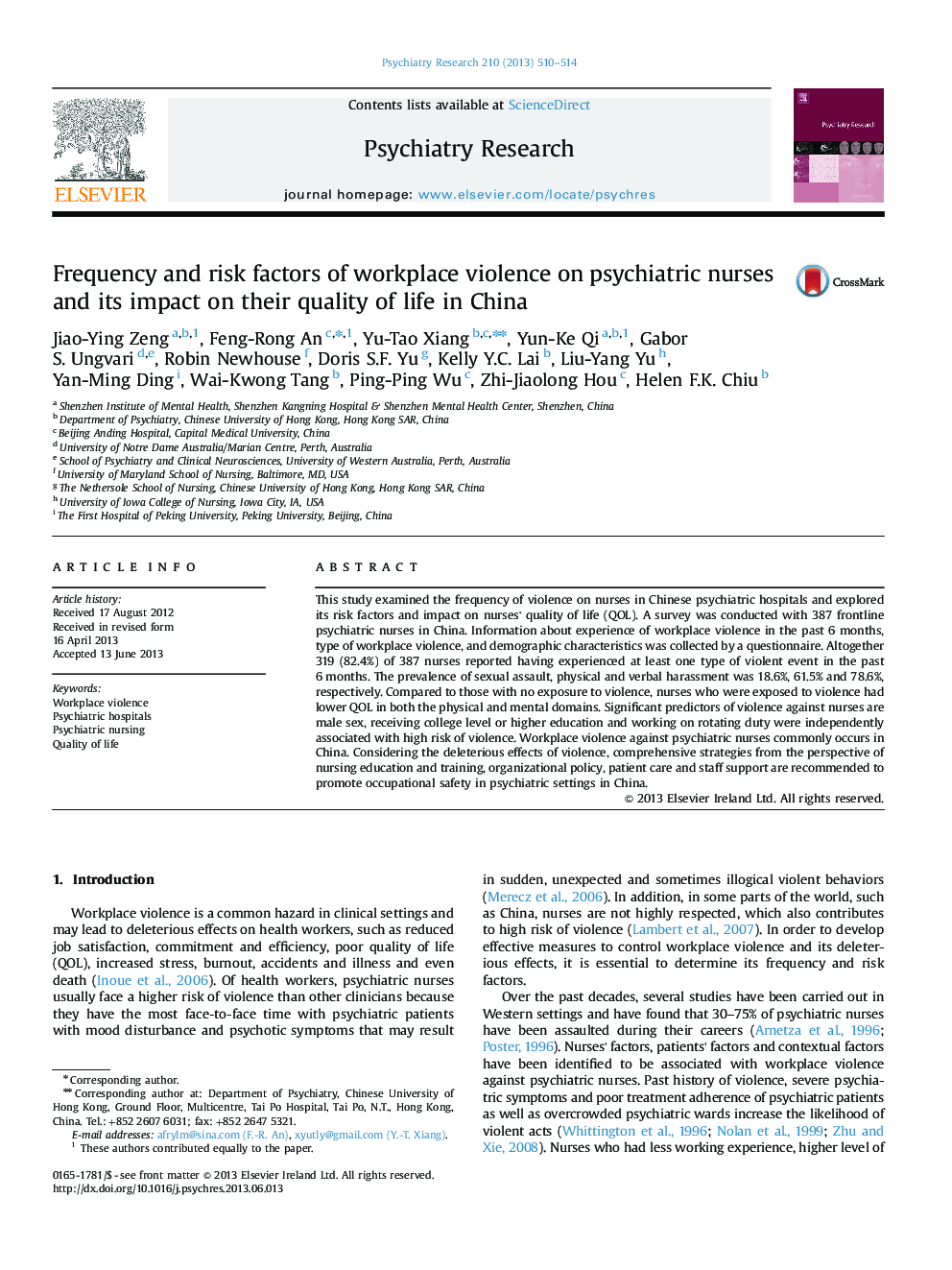 Frequency and risk factors of workplace violence on psychiatric nurses and its impact on their quality of life in China