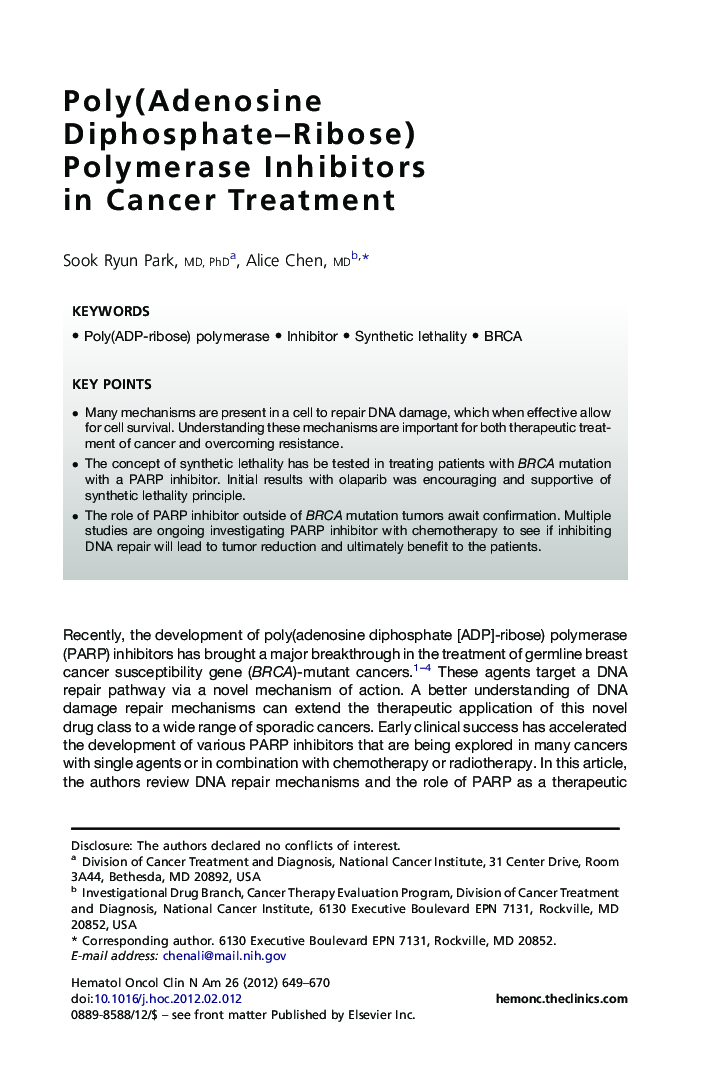 Poly(Adenosine Diphosphate-Ribose) Polymerase Inhibitors in Cancer Treatment