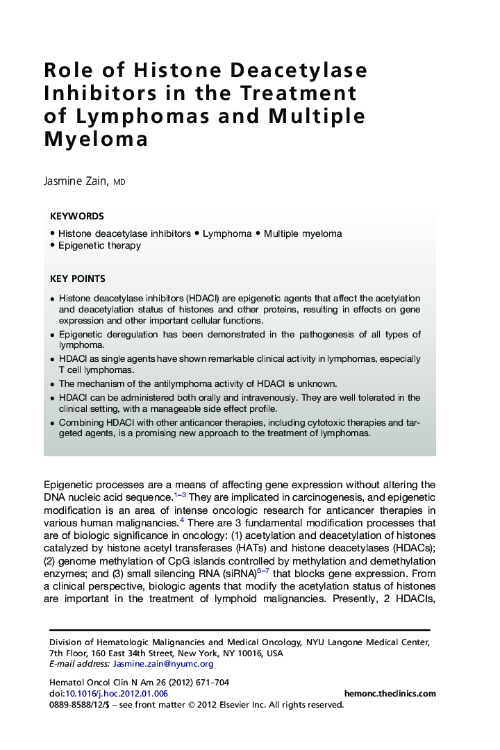 Role of Histone Deacetylase Inhibitors in the Treatment of Lymphomas and Multiple Myeloma