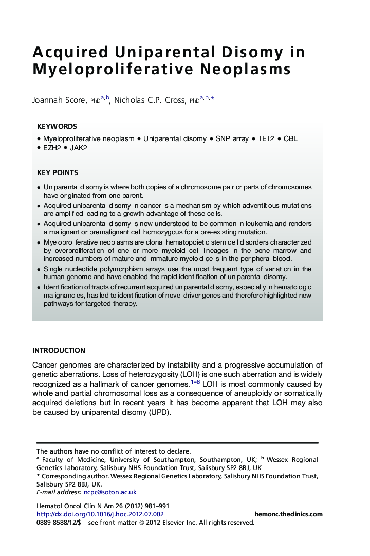 Acquired Uniparental Disomy in Myeloproliferative Neoplasms