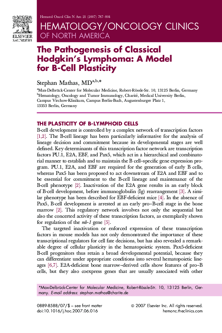 The Pathogenesis of Classical Hodgkin's Lymphoma: A Model for B-Cell Plasticity