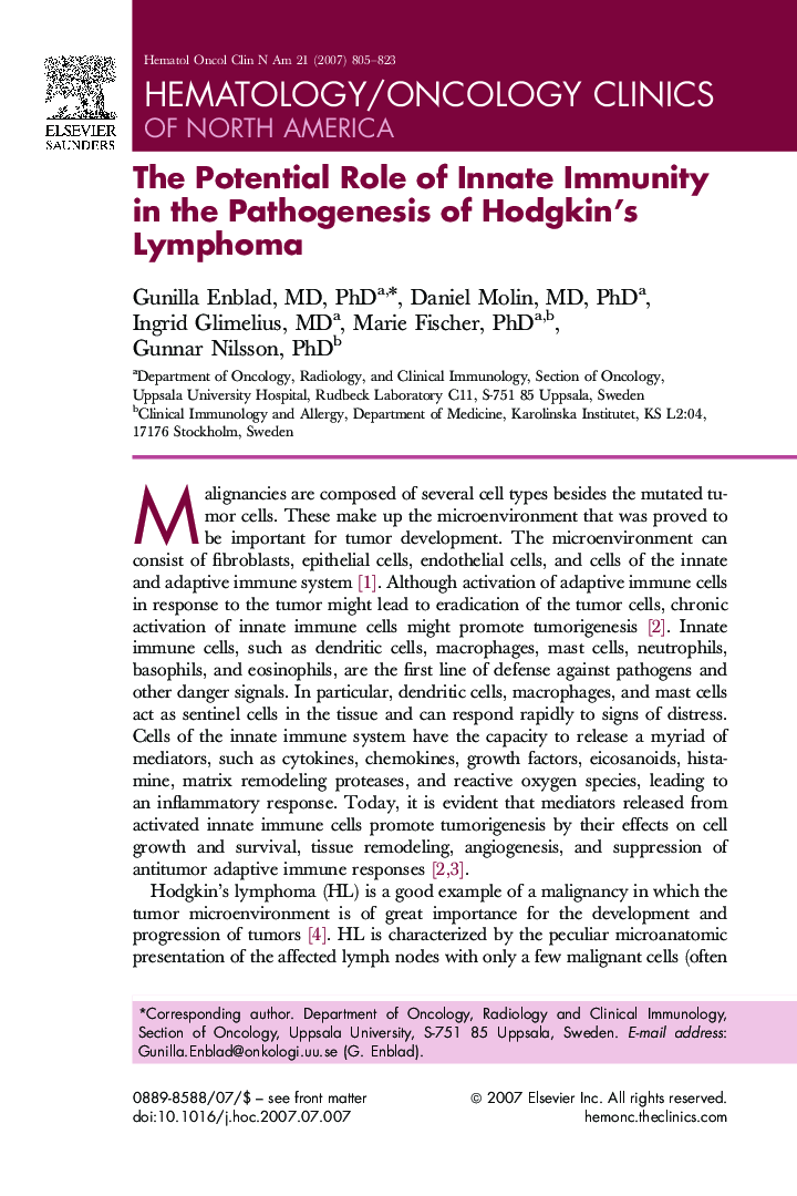 The Potential Role of Innate Immunity in the Pathogenesis of Hodgkin's Lymphoma