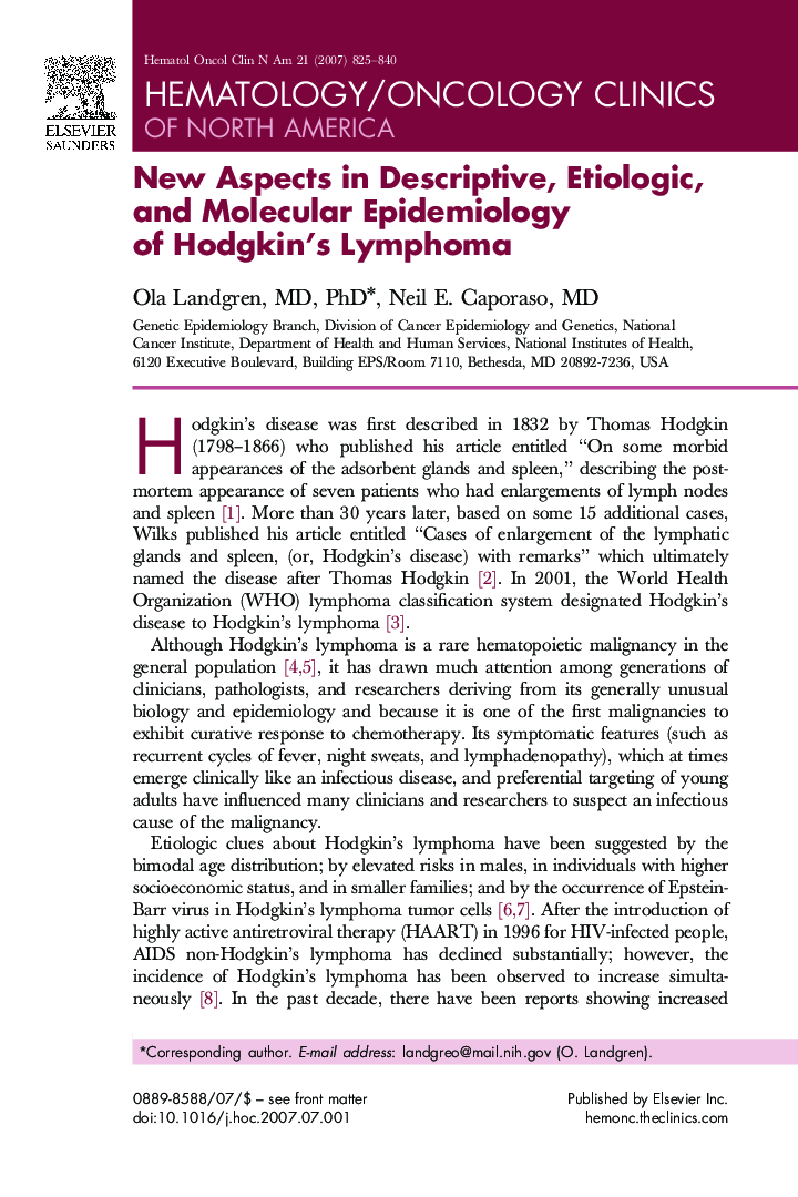 New Aspects in Descriptive, Etiologic, and Molecular Epidemiology of Hodgkin's Lymphoma