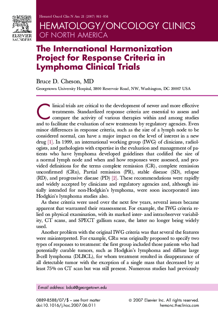 The International Harmonization Project for Response Criteria in Lymphoma Clinical Trials