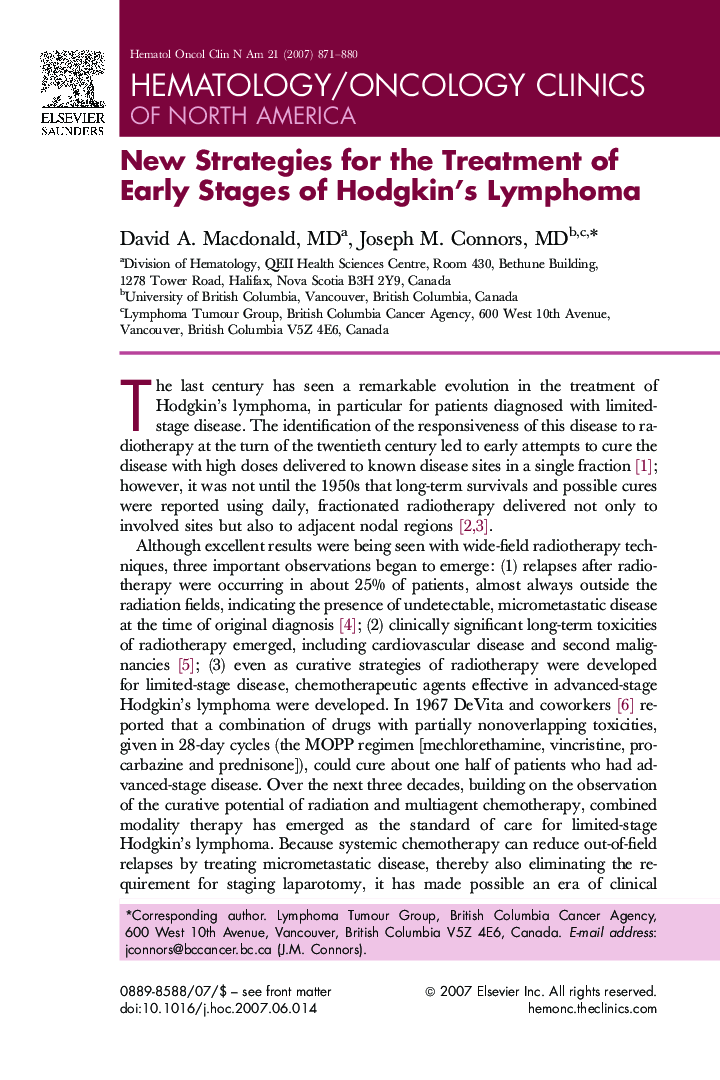New Strategies for the Treatment of Early Stages of Hodgkin's Lymphoma