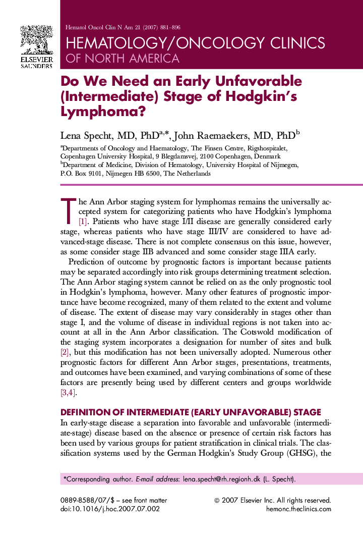 Do We Need an Early Unfavorable (Intermediate) Stage of Hodgkin's Lymphoma?