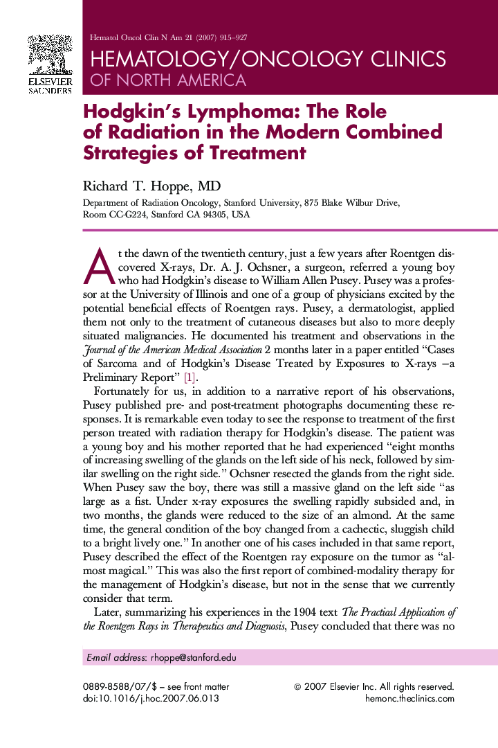 Hodgkin's Lymphoma: The Role of Radiation in the Modern Combined Strategies of Treatment
