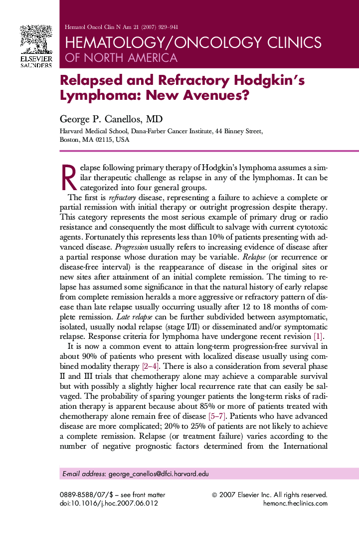 Relapsed and Refractory Hodgkin's Lymphoma: New Avenues?