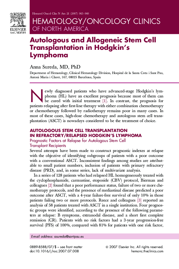 Autologous and Allogeneic Stem Cell Transplantation in Hodgkin's Lymphoma