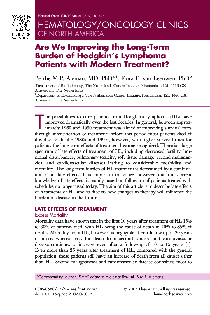 Are We Improving the Long-Term Burden of Hodgkin's Lymphoma Patients with Modern Treatment?