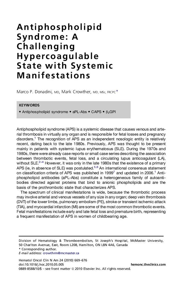 Antiphospholipid Syndrome: A Challenging Hypercoagulable State with Systemic Manifestations