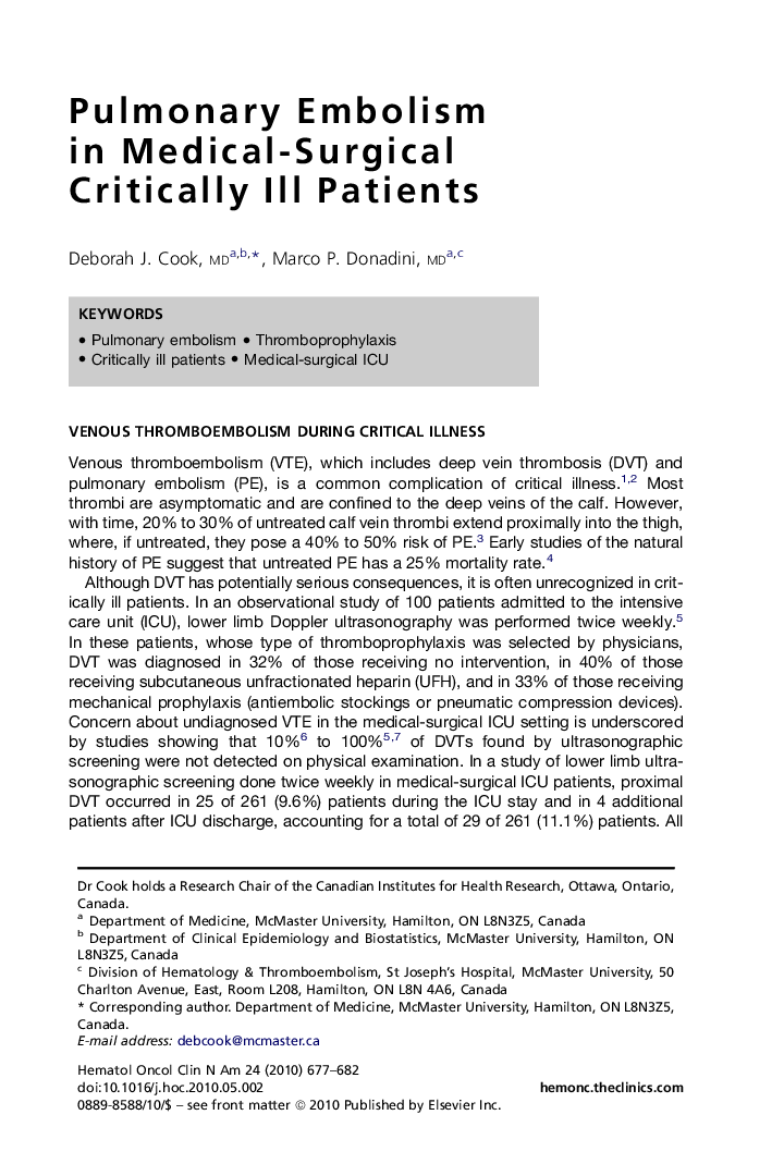 Pulmonary Embolism in Medical-Surgical Critically Ill Patients