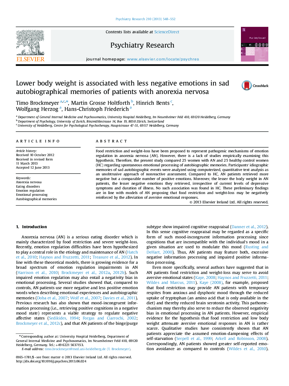 Lower body weight is associated with less negative emotions in sad autobiographical memories of patients with anorexia nervosa