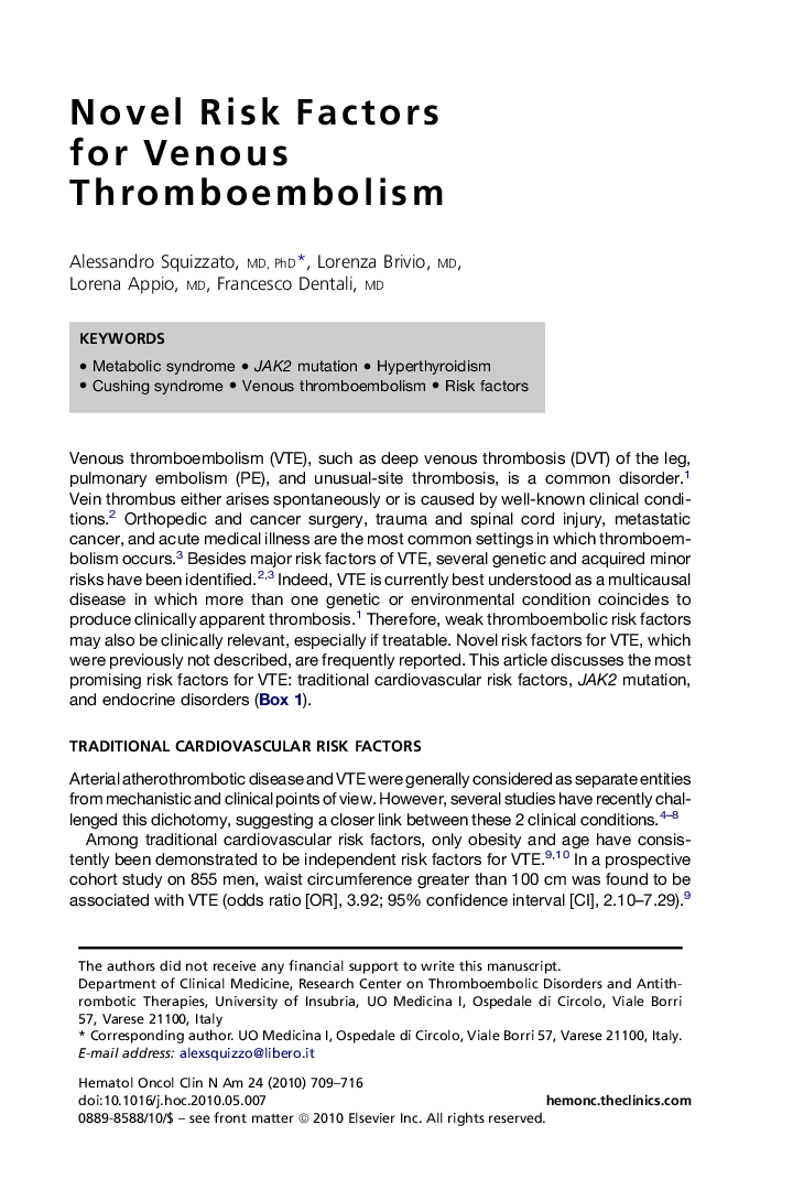 Novel Risk Factors for Venous Thromboembolism