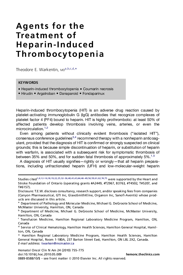 Agents for the Treatment of Heparin-Induced Thrombocytopenia