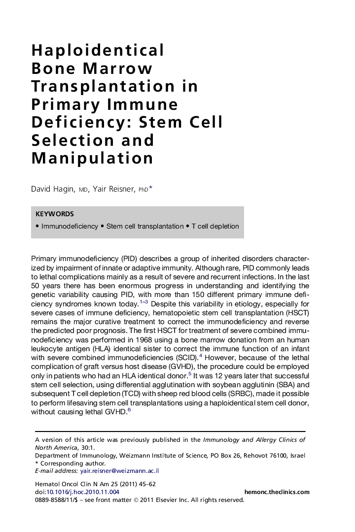 Haploidentical Bone Marrow Transplantation in Primary Immune Deficiency: Stem Cell Selection and Manipulation