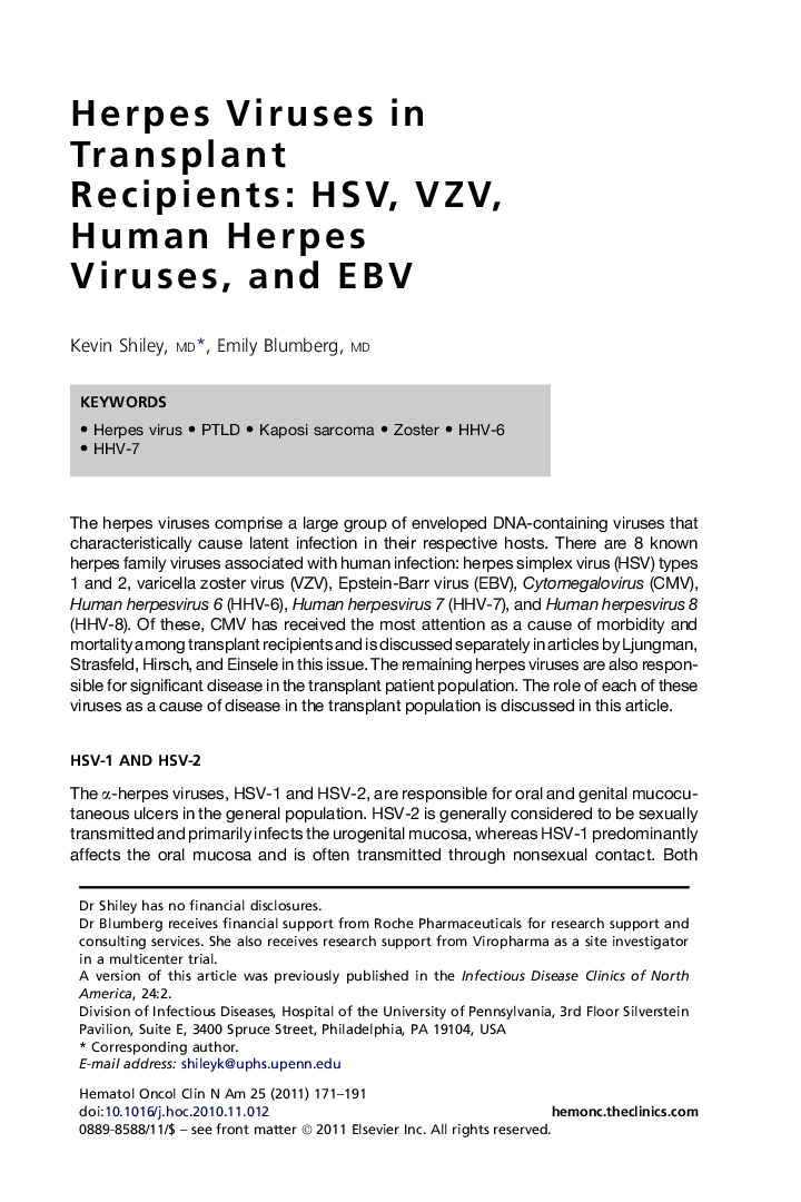 Herpes Viruses in Transplant Recipients: HSV, VZV, Human Herpes Viruses, and EBV