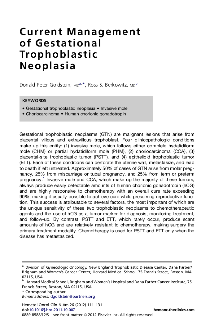 Current Management of Gestational Trophoblastic Neoplasia