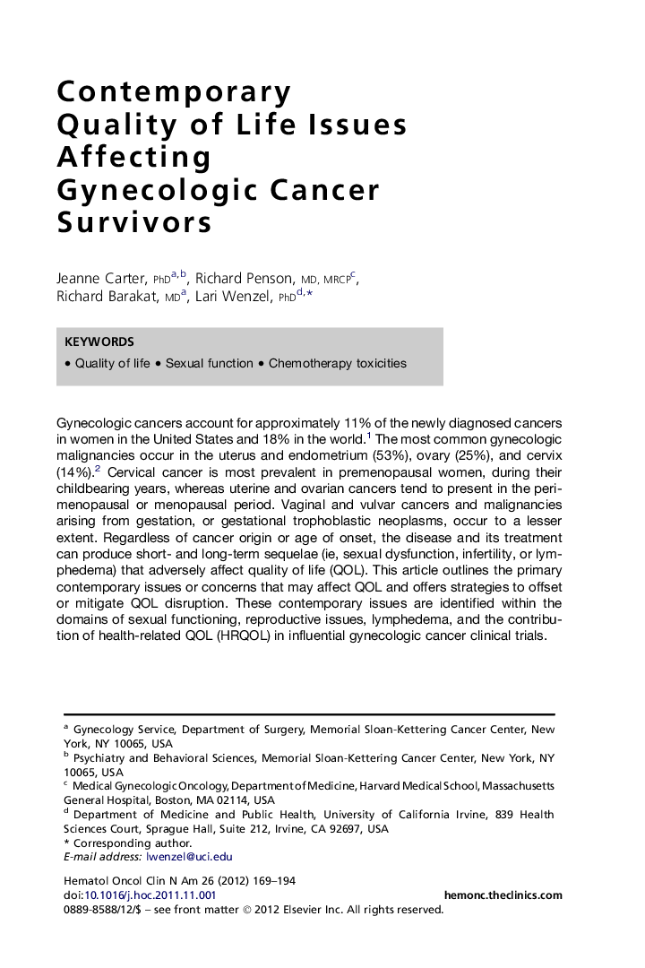 Contemporary Quality of Life Issues Affecting Gynecologic Cancer Survivors