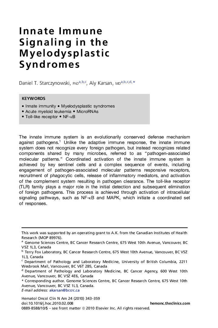 Innate Immune Signaling in the Myelodysplastic Syndromes