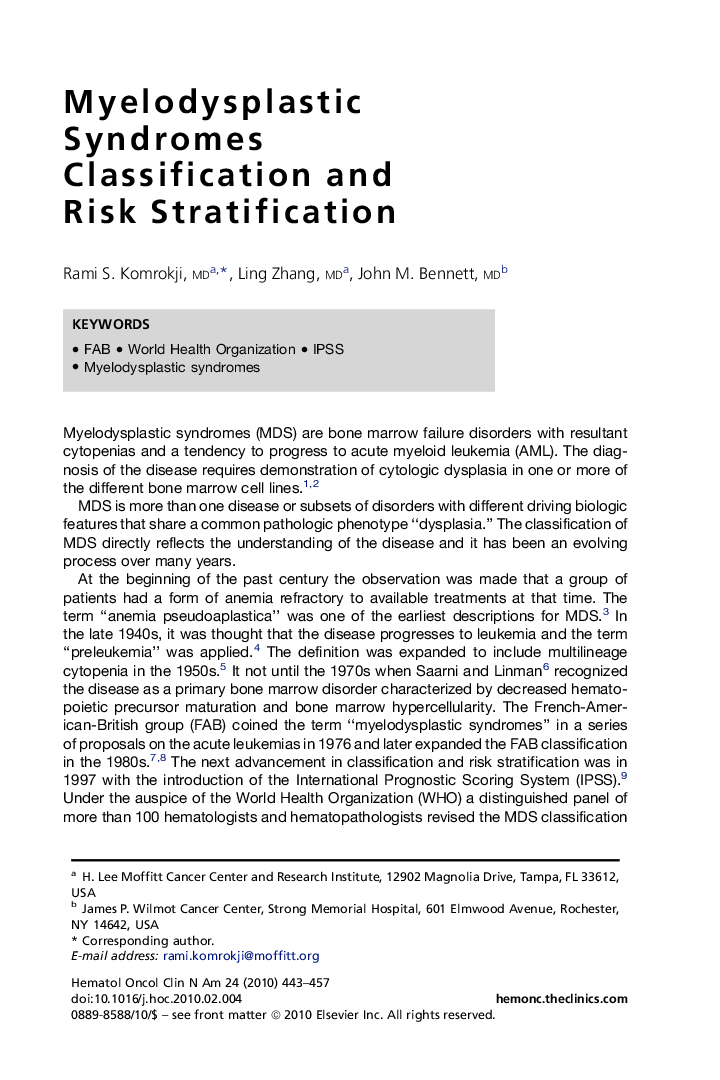 Myelodysplastic Syndromes Classification and Risk Stratification