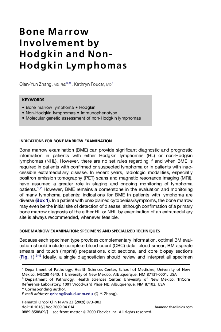 Bone Marrow Involvement by Hodgkin and Non-Hodgkin Lymphomas