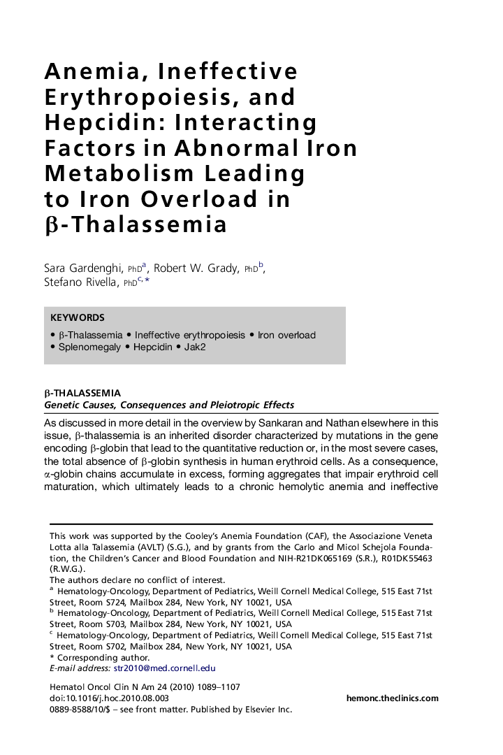 Anemia, Ineffective Erythropoiesis, and Hepcidin: Interacting Factors in Abnormal Iron Metabolism Leading to Iron Overload in Î²-Thalassemia