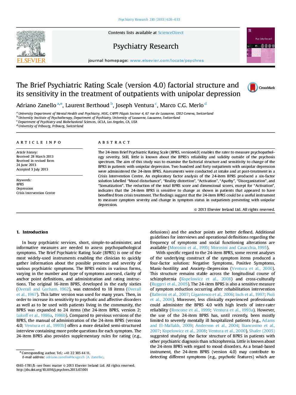 The Brief Psychiatric Rating Scale (version 4.0) factorial structure and its sensitivity in the treatment of outpatients with unipolar depression