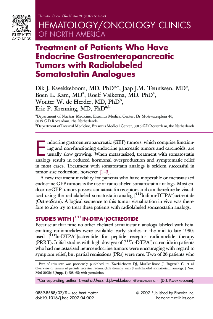 Treatment of Patients Who Have Endocrine Gastroenteropancreatic Tumors with Radiolabeled Somatostatin Analogues 