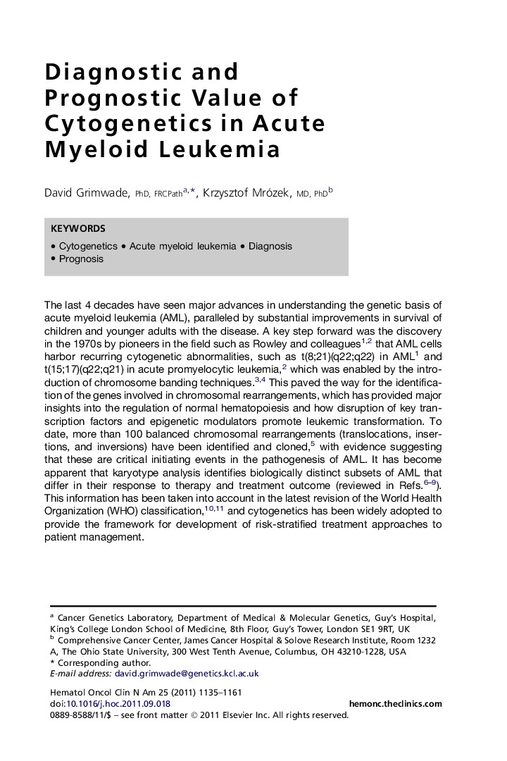 Diagnostic and Prognostic Value of Cytogenetics in Acute Myeloid Leukemia