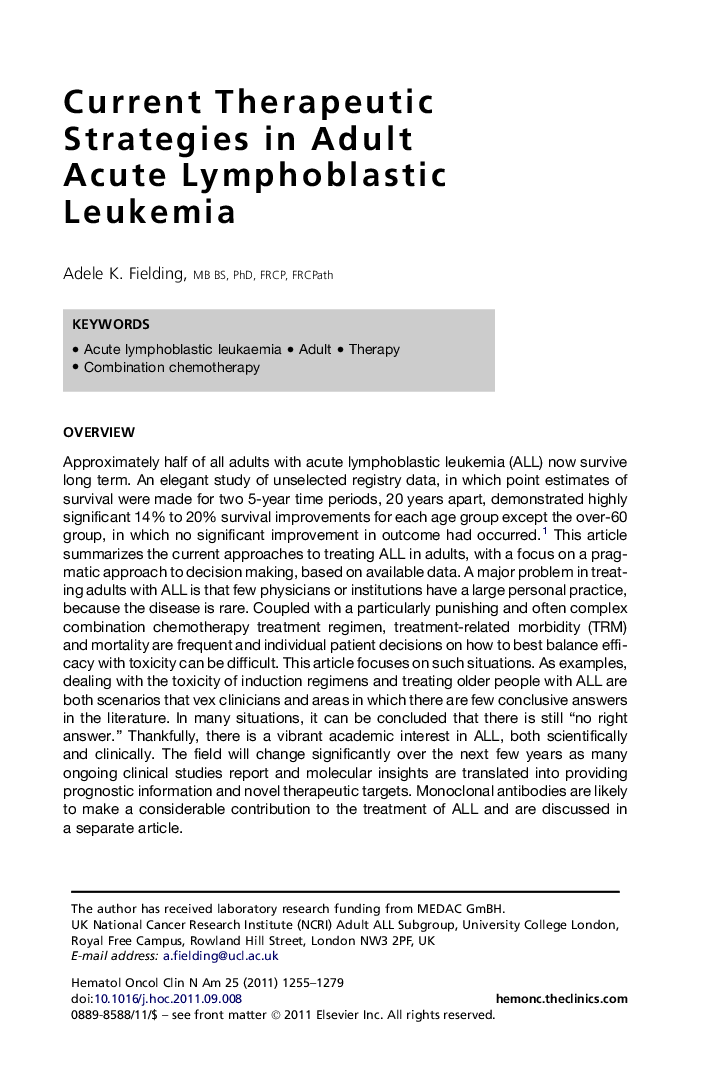 Current Therapeutic Strategies in Adult Acute Lymphoblastic Leukemia