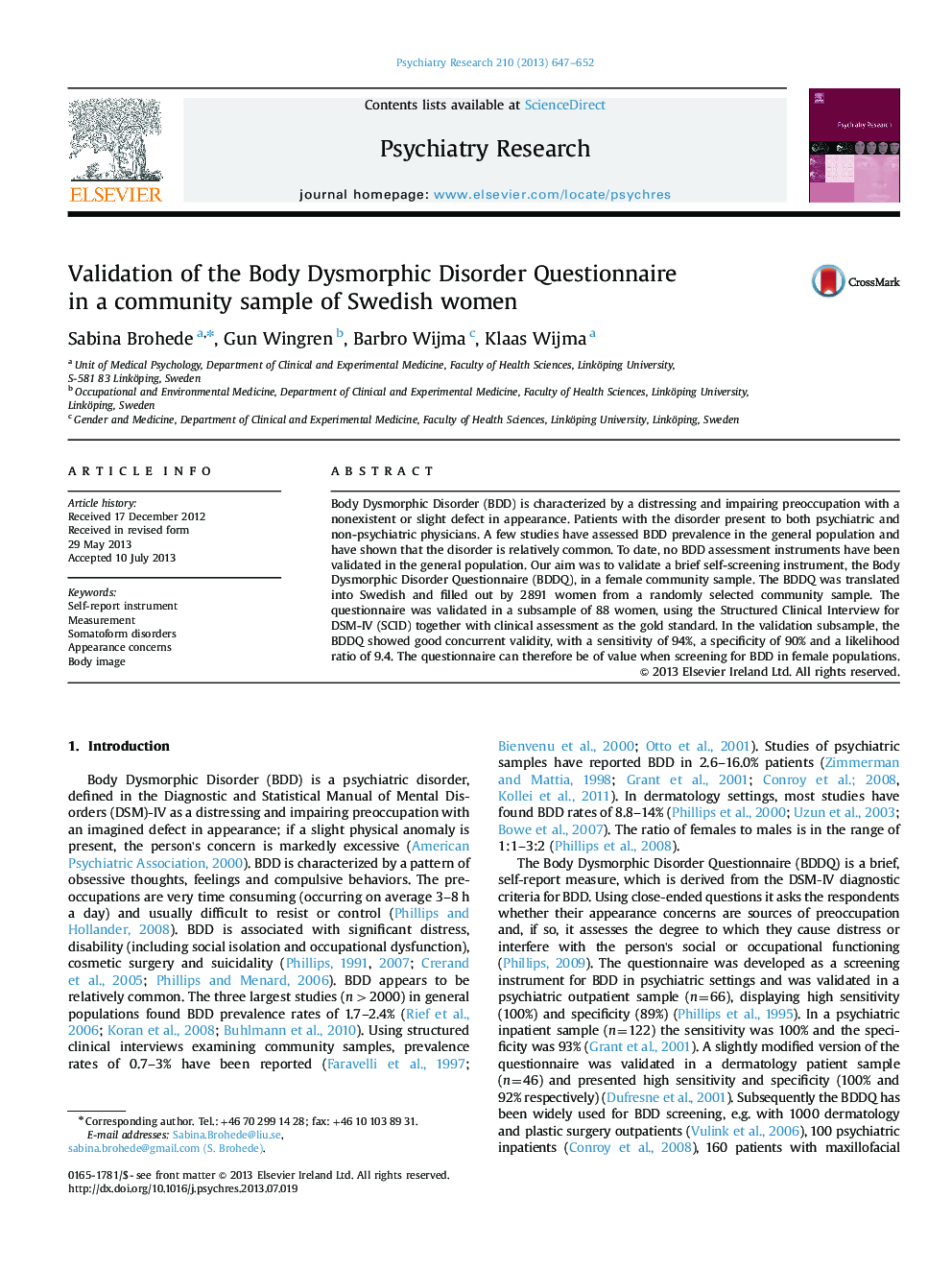 Validation of the Body Dysmorphic Disorder Questionnaire in a community sample of Swedish women