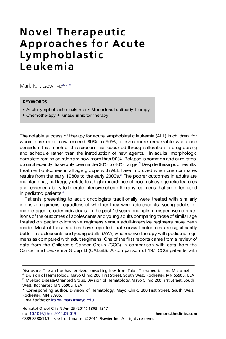 Novel Therapeutic Approaches for Acute Lymphoblastic Leukemia