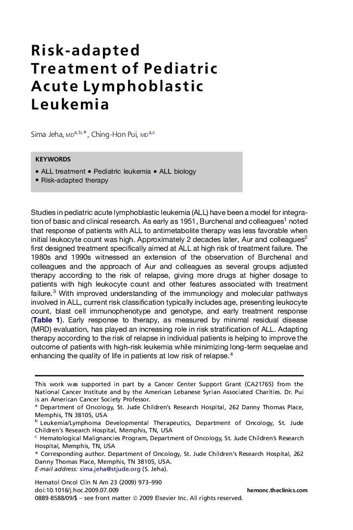 Risk-adapted Treatment of Pediatric Acute Lymphoblastic Leukemia