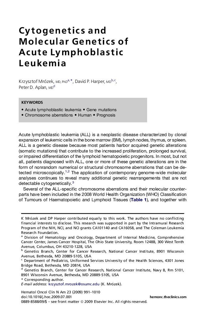 Cytogenetics and Molecular Genetics of Acute Lymphoblastic Leukemia