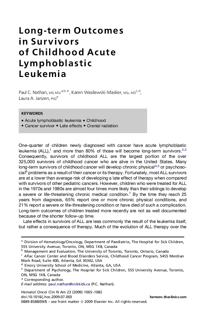 Long-term Outcomes in Survivors of Childhood Acute Lymphoblastic Leukemia