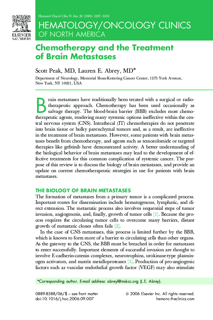 Chemotherapy and the Treatment of Brain Metastases