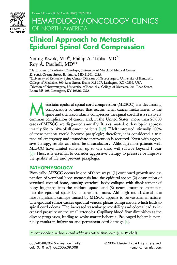 Clinical Approach to Metastatic Epidural Spinal Cord Compression