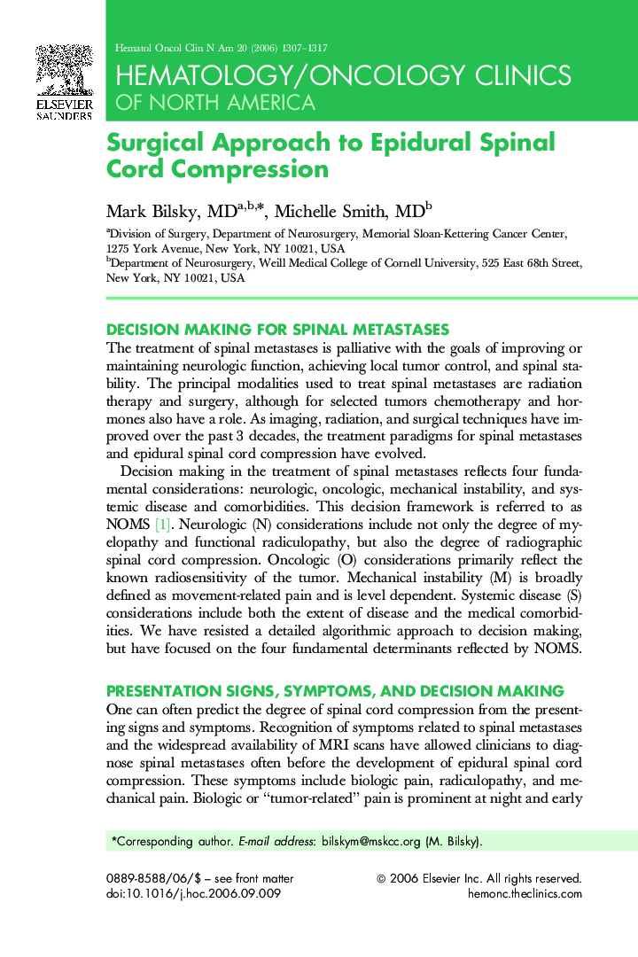 Surgical Approach to Epidural Spinal Cord Compression
