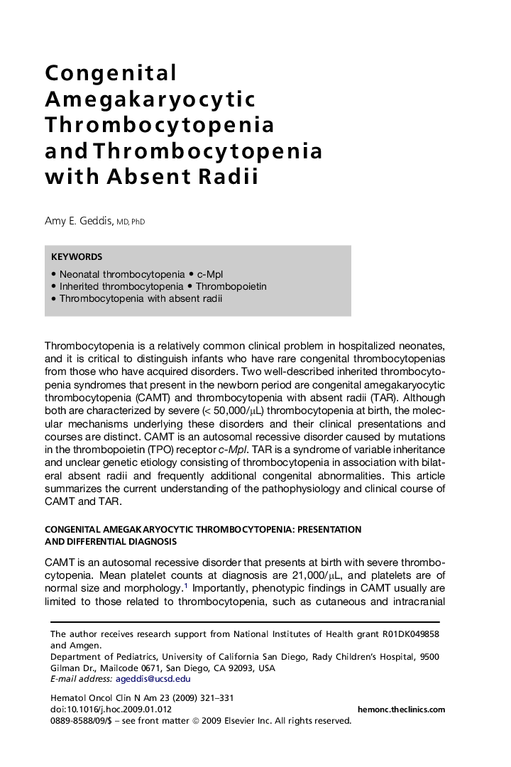 Congenital Amegakaryocytic Thrombocytopenia and Thrombocytopenia with Absent Radii 