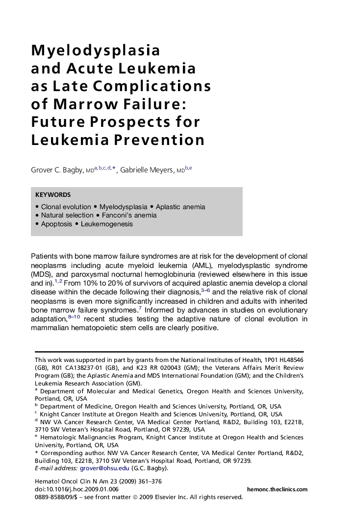 Myelodysplasia and Acute Leukemia as Late Complications of Marrow Failure: Future Prospects for Leukemia Prevention 