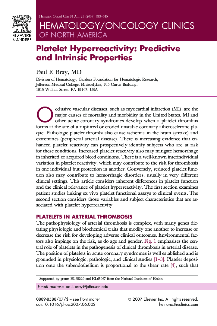 Platelet Hyperreactivity: Predictive and Intrinsic Properties