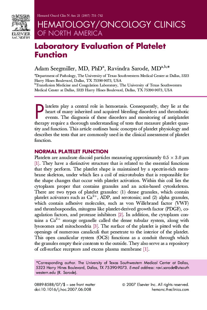 Laboratory Evaluation of Platelet Function