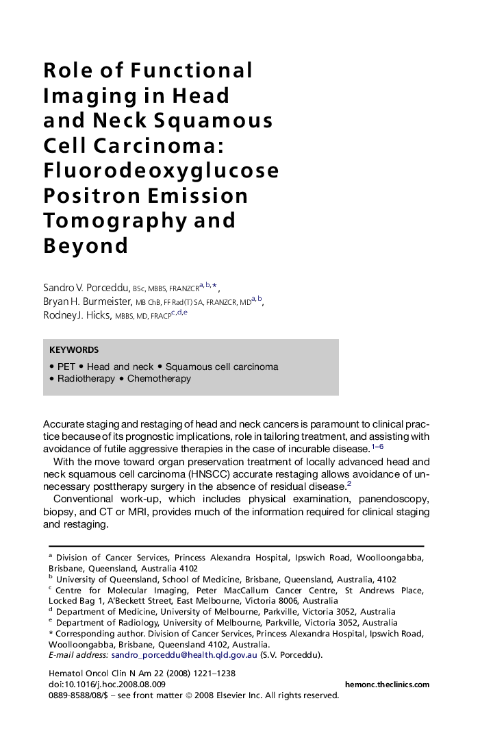 Role of Functional Imaging in Head and Neck Squamous Cell Carcinoma: Fluorodeoxyglucose Positron Emission Tomography and Beyond